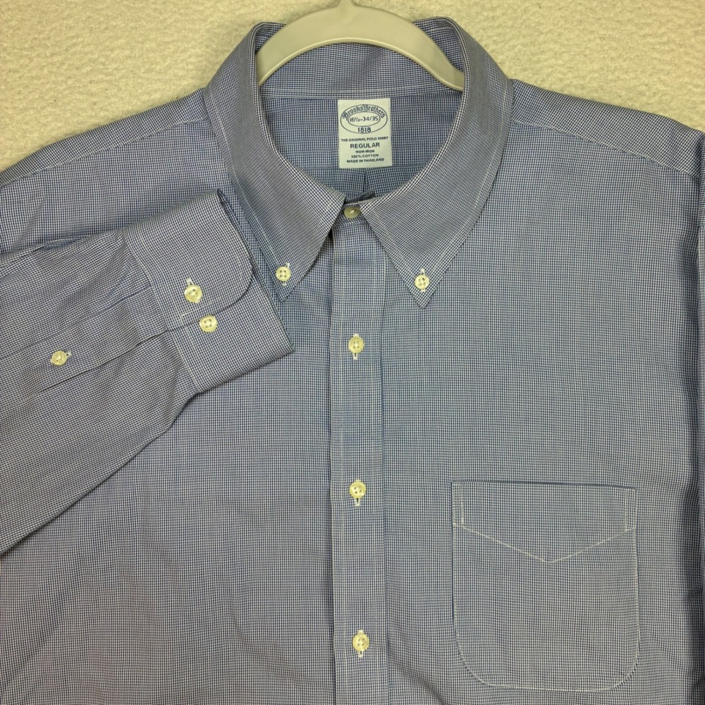Brooks Brothers Oxford Shirt Men 16.5-34/35 Blue Houndstooth Dress Button OCBD